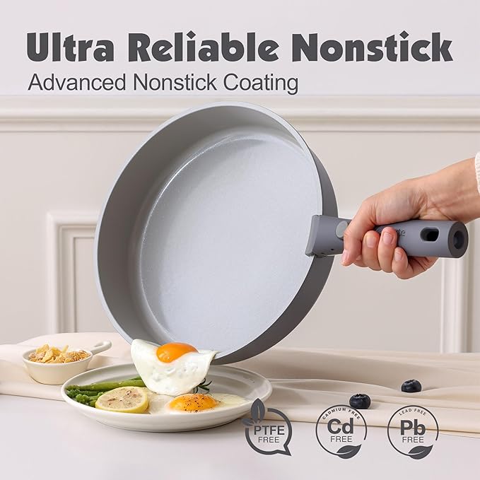 SENSARTE 17 Piece Ceramic Pots and Pans Set, Nonstick Detachable Handle Cookware, Induction Kitchen Cookware Set with Removable Handle, Dishwasher 竊?Oven Safe (Gray)