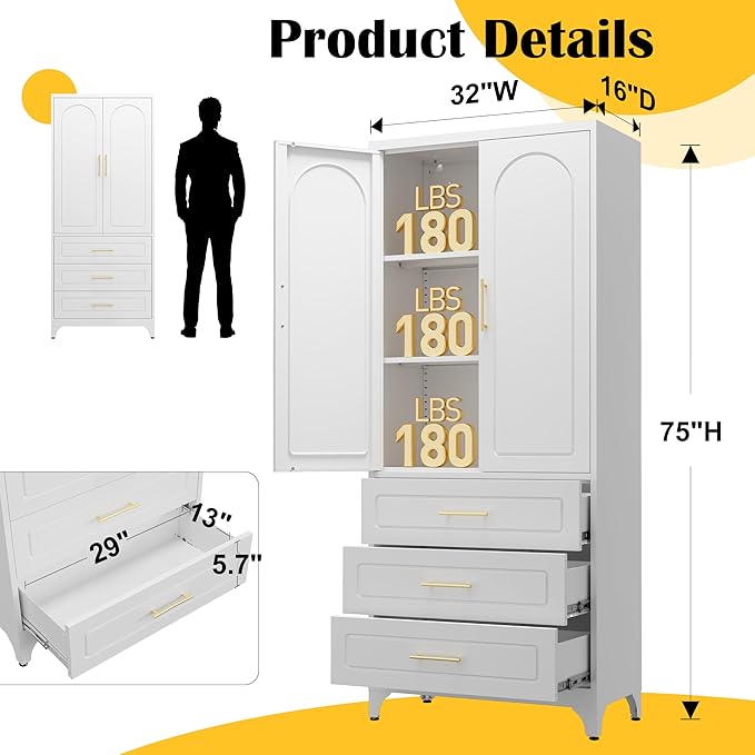 Metal Kitchen Pantry Cabinet with 3 Drawers竊?5 Inch White Food Pantry Cabinets for Kitchen Storage with 2 Adjustable Shelves,Tall Storage Cupboard for Living Room,Dining Room Office