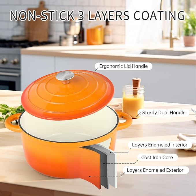 6 Quart Enameled Cast Iron Dutch Oven Pot with Lid, Oven Safe up to 500째F or on Stovetop, Non-stick Dutch Oven for Bread Baking, Cooking, Dual Handles Cookware, Orange