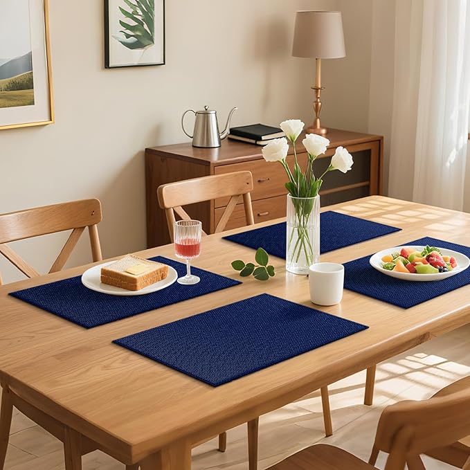 Blue Forest Placemats Set of 6, Dual-Layered Thickened Faux Linen Table Mats Heat Resistant Machine Washable Wrinkle Free Place Mats for Kitchen Dining Outdoor/Indoor (NavyBlue, Set of 6)
