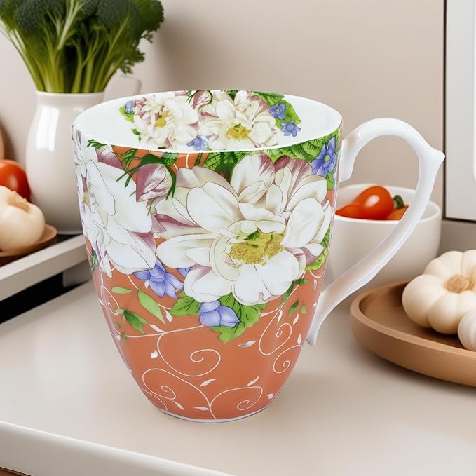 14oz Bone China Coffee Mugs for Women Floral Coffee Mug Tea Cups Novetly Coffee Cups Gift for Women Mom Friends