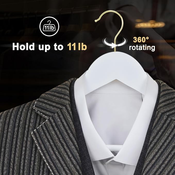 TOPIA HANGER Wooden Hangers 30 Pack, White Wood Coat Hanger with 360째 Swivel Gold Hook, Non Slip Pants Bar and Shoulder Notches for Camisole, Jacket, Pants, Smooth Finish Clothes Hangers -CT34WG30