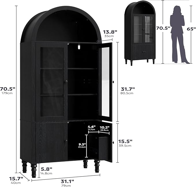 71" Tall Arched Pantry Cabinet, Modern Kitchen Storage Cabinet with Doors, 3 Adjustable Shelves, Door Shelves, Organizer, Versatile Cupboard for Kitchen, Bathroom, Black