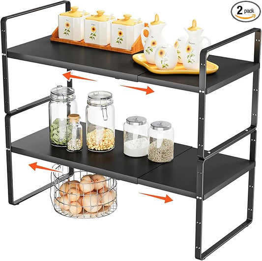 2Pack 16.5-27?쇺셂 Expandable Stackable Cabinet Shelves, Adjustable Spice Rack Cabinet Shelf Organizer for Kitchen, Countertop, Pantry and Cupboard, Black