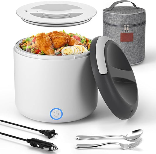 Monteka Electric Lunch Box 12V 24V 110V 3 in 1 Portable Food Warmer 55W High Power Heater Lunch Box for Car and Home-Leak proof, 1.5L Removable 304 Stainless Steel Container Fork Spoon Carry Bag
