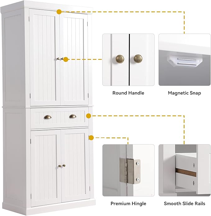 72" Kitchen Pantry Storage Cabinet, Freestanding Cupboard with 2 Cabinets, Drawer and Adjustable Shelves, Tall Storage Cabinet for Kitchen, Dinning Room, Living Room (White)