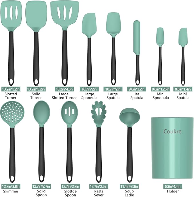 Coukre Silicone Kitchen Cooking Utensils Set with Holder ??Heat-Resistant, Food-Grade Kitchen Tools, Spatula, Spoon & Gadgets for Non-Stick Pans, Dishwasher Safe (14, AquaGreen)