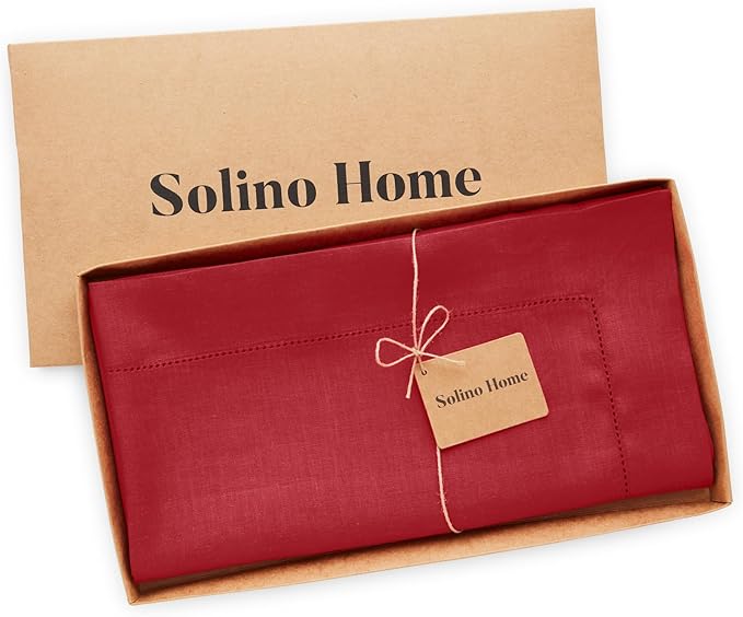 Solino Home Red Linen Tablecloth 52 x 52 Inch - 100% Pure Linen Square Table Throw - Classic Hemstitch, Machine Washable Table Cloth for Valentines