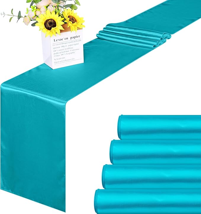 Aneco 4 Pack Satin Table Runner 12 x 108 Inch Teal Long Bright Silk and Smooth Fabric Party Table Runner for Wedding Banquet Party Decoration