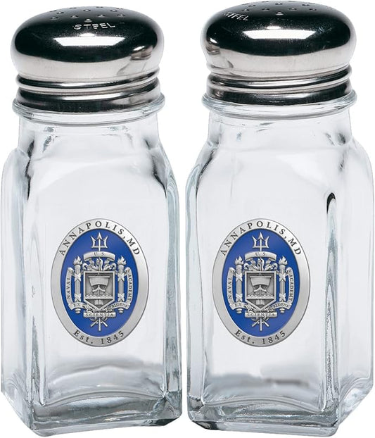 Heritage Pewter US Naval Academy Crest Salt and Pepper Shaker Set of 2 Bottles | Expertly Crafted Pewter Glass