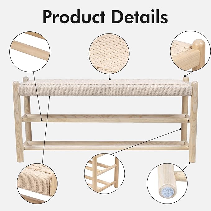 XINNAN Solid Wood Entryway Bench with Shoe Storage, Rustic Oak Wood and Woven Design 39.4 Inch Long Seating for Living and Dining Rooms, 3-Tier Nature