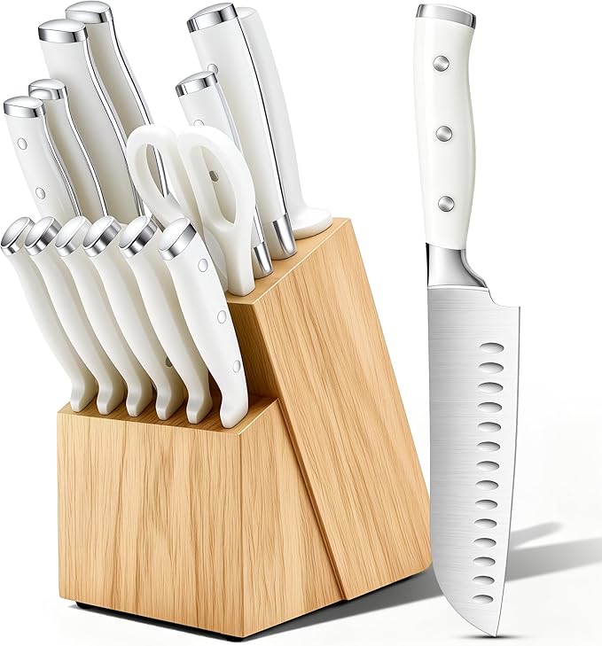 Knife Set, 15 Piece Premium Chef High Carbon Stainless Steel Kitchen Knife Block Set, Razor-sharp, Ergonomic Forged Triple Rivet Handle, Professional Knife Set for Kitchen, Dishwasher Safe(White)