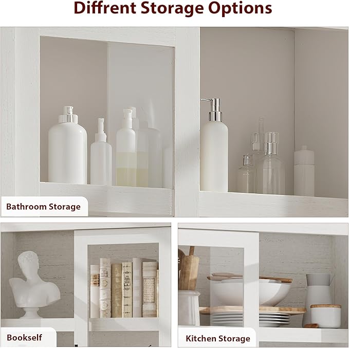 70.45??Tall Farmhouse Kitchen Pantry Cabinet, Wood Storage Cabinet with 4 Doors & Adjustable Shelves, Anti-Tip Design, Sturdy Bookcase for Kitchen/Dining/Office, Rustic White-Glass