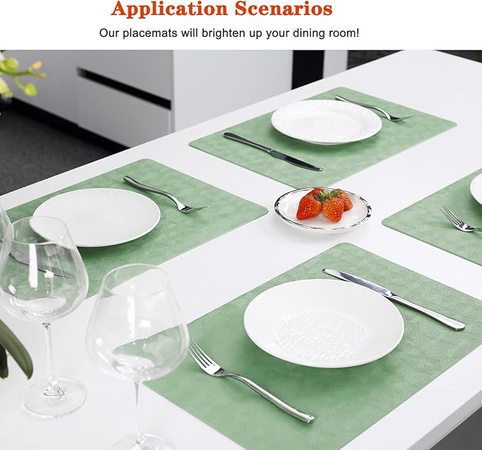 Bxzandya Vinyl Placemats Set of 12 Heat Resistant Easy Clean Non-Slip Place Mats for Dining Table Faux Leather Waterproof Stain Resistant Wipeable Washable PVC Table Mats(12, Green)