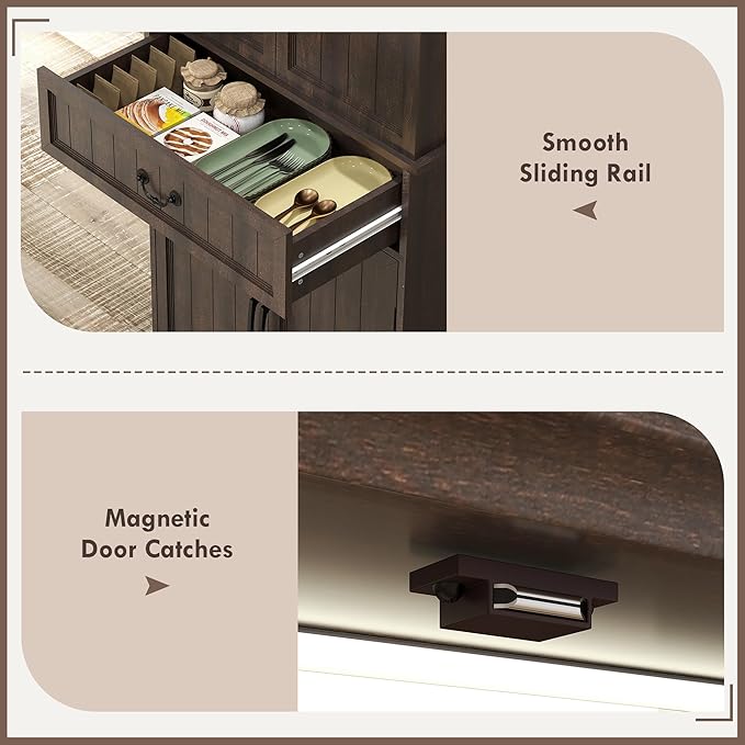 HOMCOM 71" LED Kitchen Pantry Cabinet, Farmhouse Tall Freestanding Storage Cabinet with Door Shelves, Adjustable Shelves and Drawer for Kitchen and Dining Room, Distressed Brown
