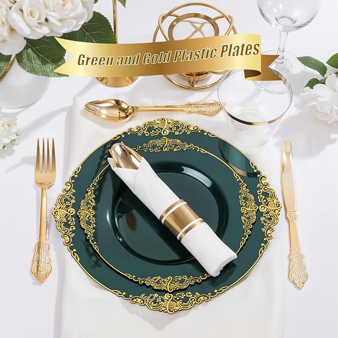 Nervure 350PCS Green Plastic Plates - Green Gold Plastic Dinnerware Sets for 50 Guests - 100 Disposable Plates, 150 Gold Silverware, 50 Cups, 50 Napkins for Wedding & Party