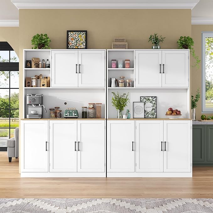71" Tall kitchen Pantry Storage Cabinet, Modern Kitchen Hutch with 3 Pull-out Drawers, Kitchen Pantries with Microwave Stand & Door Shelf, Food Pantry with Adjustable Shelves for Dining Room (White)