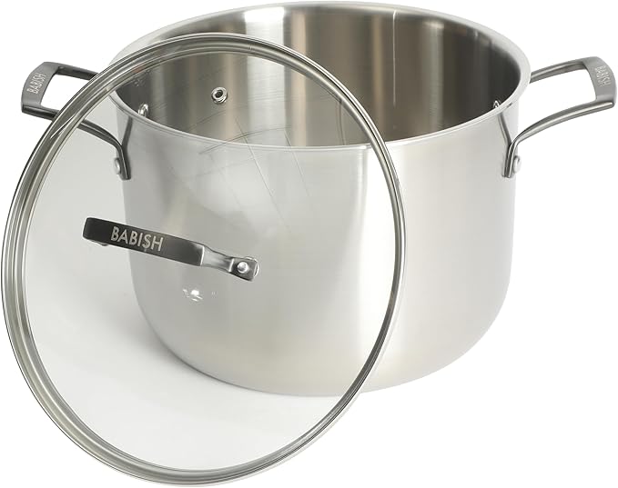Babish 8 Quart Tri-Ply Stainless Steel Stock Pot with Glass Lid & Black Handles ??Dutch Oven, Oven Safe, Dishwasher Safe