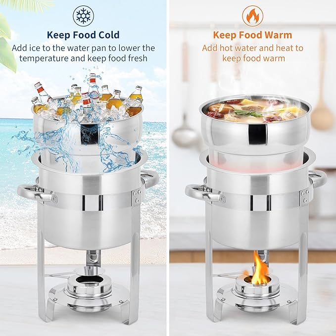 Garvee 11QT Commercial-Grade Soup Chafer Set of 4, Stainless Steel Round Food Warmers with Pots, Notched Lids & Fuel Holders, Commercial Buffet Equipment for Large Banquet Service & Buffet Catering