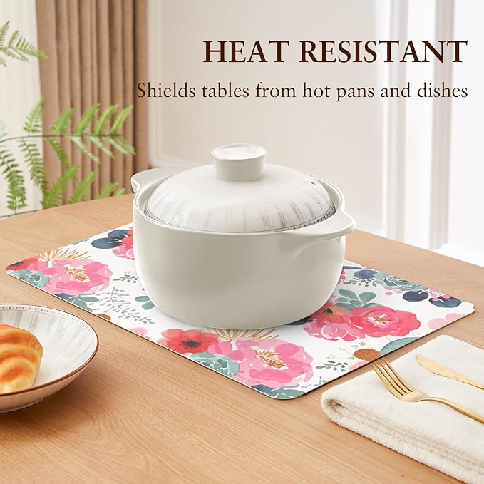 QIYI Placemats Set of 6, 12x18 Inch Faux Leather Place Mats for Kitchen Dinning, Heat Resistant Anti Slip Floral Table Mats, Waterproof Washable Placemat Party Table D챕cor, Watercolor Pink Flowers