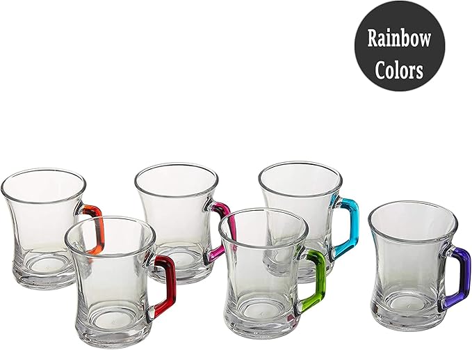 LAV Glass Tea Mugs Set of 6 | Coffee Espresso Cups, Coffee Mugs, Durable Turkish Japanese Tea Glass 7 1/2 oz (Colored Handles)