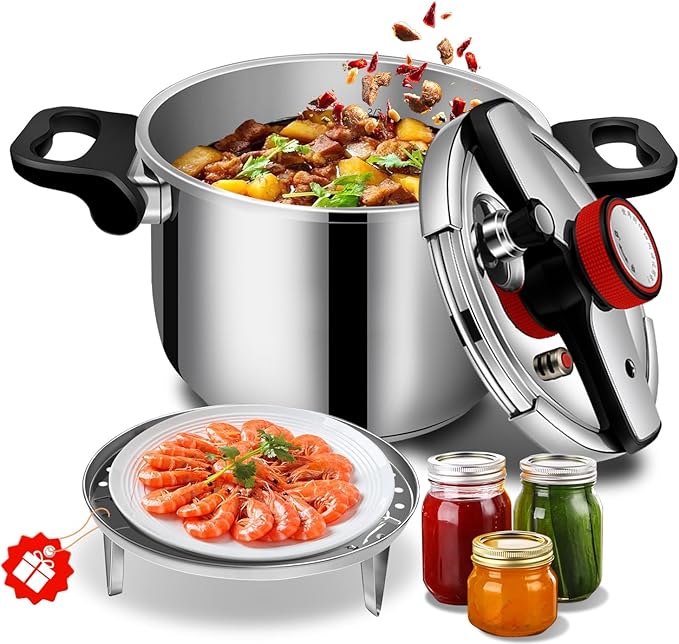 Pressure Cooker Stainless Steel 8 Qt, Commercial Stove Top Pressure Cooker Pot, One-Hand Locking, Compatible with Gas & Induction, Fast Cooking for Large Meals, Dishwasher Safe, PETERBOO