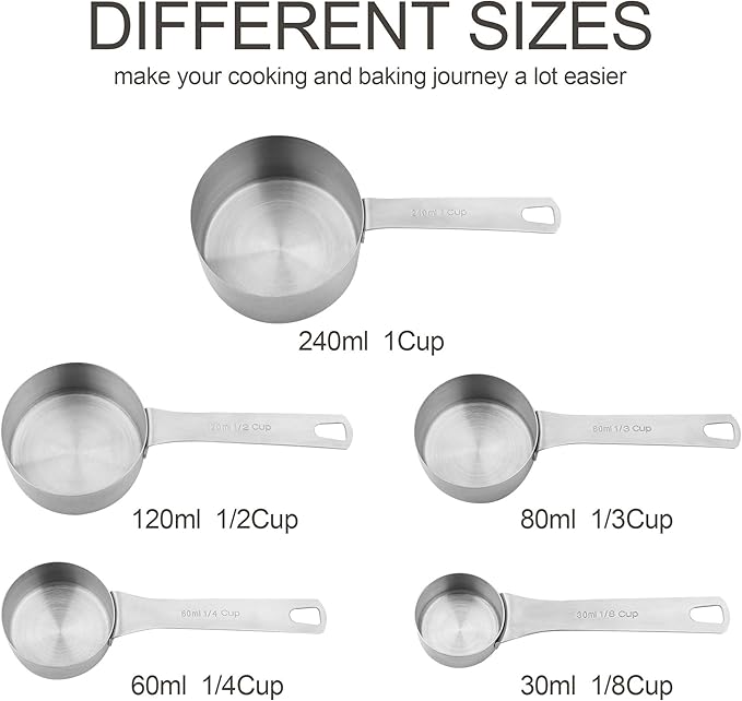 Smithcraft Measuring Cups Set 5, 18/8 (304) Stainless Steel Measuring Cups Set for Baking & Kitchen, Dry & Liquid Metric & US Measure Cup with 1/8 Cup & 1/3 Cups