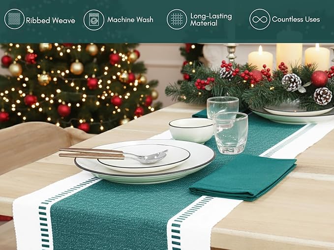PurpleEssences Table Runner - Wide with Dobby Stripe, Heavy Ribbed Weave & Double Knot Fringes, 14x72 Inch (14x77.5 with Fringes) Farmhouse Decor - Christmas Holiday Winter -Forest Green and White