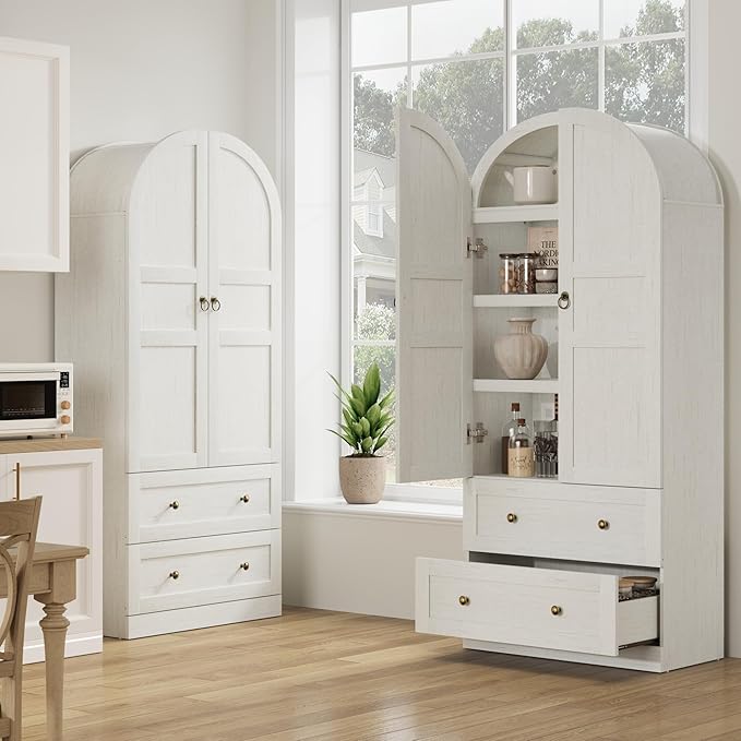 GAOMON 72" Arched Kitchen Pantry Cabinet, Wooden Freestanding Storage Cupboard with Doors, Drawers & Adjustable Shelves, Versatile Farmhouse Pantry for Dining and Living Room, Rustic White