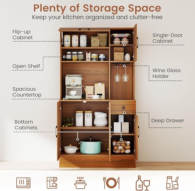 Giantex Kitchen Pantry Cabinet with Charging Station, 66" Hutch Cabinet w/Microwave Stand, Storage Drawer, Adjustable Shelves & Wine Glass Holder, Buffet Cupboard for Coffee Bar, Living Room, Walnut