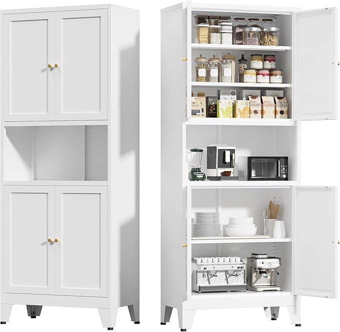 COFaR 69" Tall Modern Kitchen Pantry,Metal Storage Cabinet with Adjustable Shelves,Pantry Cabinet with 6-Tier,Freestanding Cupboard for Kitchen,Dining Room,Living Room,Bathroom,White