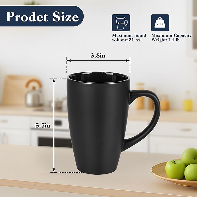 20oz Extra Large Ceramic Tall Coffee Mugs Set for Coffee Tea Hot Cocoa set of 4 Dishwasher & Microwave Safe (Matte black)