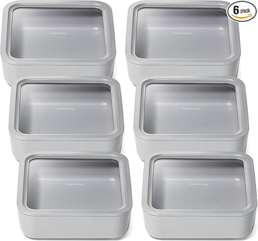 Caraway 6pc Glass Food Storage Set ??10 Cup Food Containers (6) - Ceramic Coated - Non Toxic, Non Stick with Lids - Microwave Safe - Gray