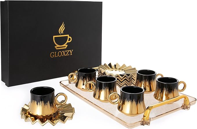 Turkish Coffee Cup Set of 6 with Saucers & Tray - Luxury Arabic Greek Japanese Marble Ceramic Tea Cups for Espresso Cappuccino Latte Mocha, Ideal Gift - 3.5oz, Black Gold