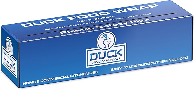 Duck Food Safety Film, 18 inch x 2000ft Plastic Wrap, Commercial Grade, Great for Sealing and Storage, Used for Food Service Industry, Easy to Use Slide Cutter for Clean Cut (1 Box)