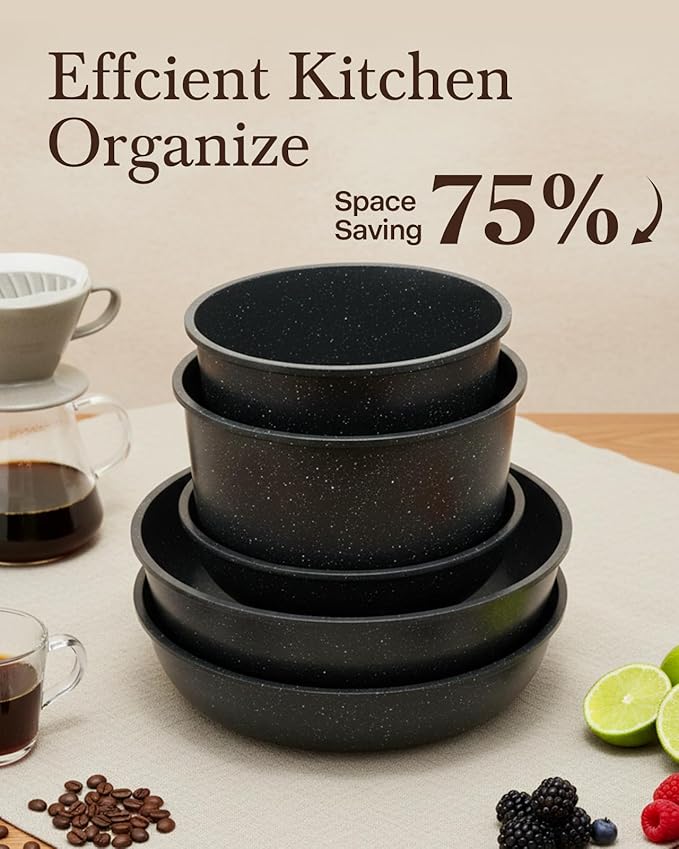 21Pcs Ceramic Pots and Pans Set Non Stick, Kitchen Cookware Set with Detachable Handles, Non Toxic Healthy Cooking Set, Induction Dishwasher Oven Safe, PTFE PFOA PFOS Free, Black