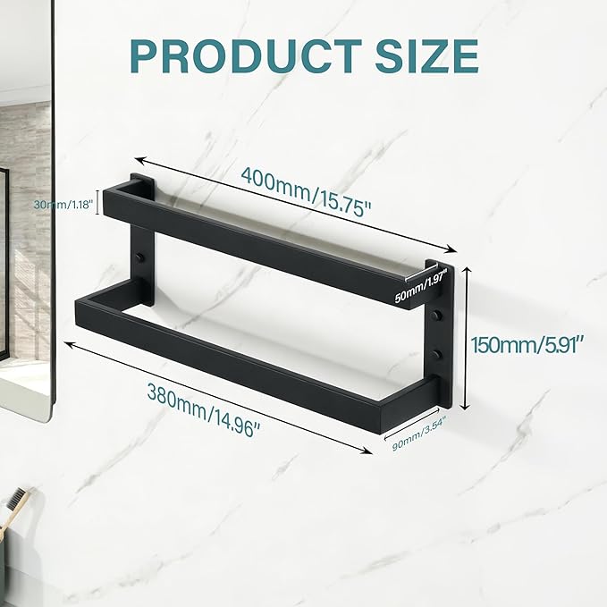 Alise Double Towel Bar, Matte Black Towel Racks for Bathroom Wall Mounted, Stainless Steel Bathroom Towel Holder, Modern Space Saving Towel Rod, 16"