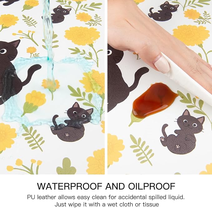 QIYI Placemats Set of 6, 12x18 Inch Faux Leather Place Mats for Kitchen Dinning, Heat Resistant Anti Slip Flower Table Mats, Waterproof Wipeable Washable Placemat Party Table D챕cor, Cute Black Kittens