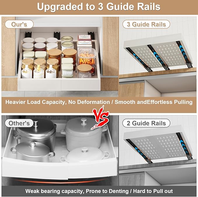 Pull out Cabinet Organizer,Expandable Width(16"-21"),Depth(13"-17") with 3 Rails,Roll out Drawers,No Drill Adjustable Slide out Shelves for Kitchen,Pantry,for Both Lip and Lip-Free Cabinets,White(1PC)