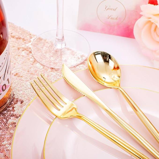 I00000 150 PCS Pink Plastic Plates for Party,Heavy Duty Pink Disposable Plates,Gold Dinnerware Set Include 30 Dinner Plates,30 Dessert Plates,30 Gold Plastic Silverware Set for Valentine's Day