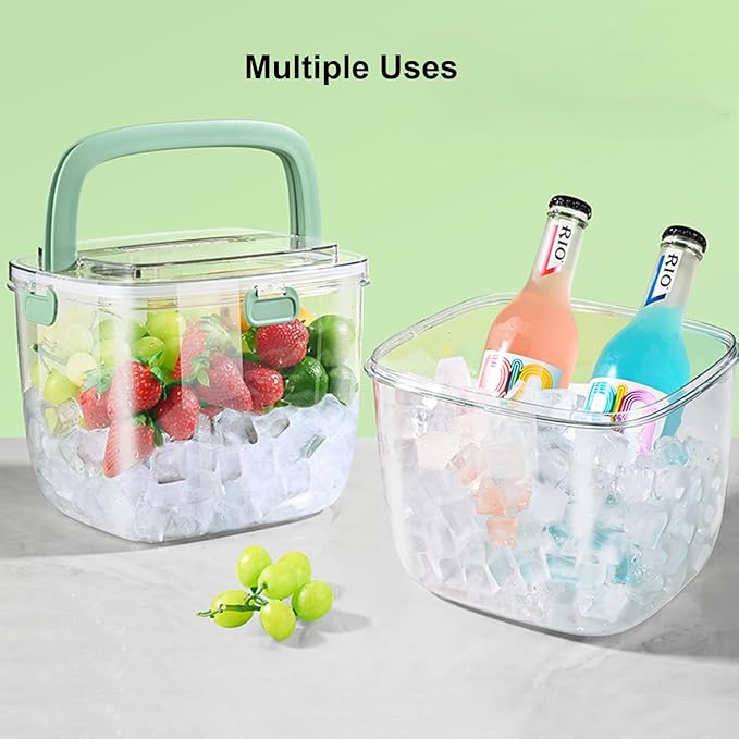 Portable Ice Bucket with Lid & Tong for Outdoor Camping, Clear Plastic Storage Bin for Freezer, Refrigerator, Whiskey, Wine, Cocktail Party, Big Cube Mold Tray for Ice Bath