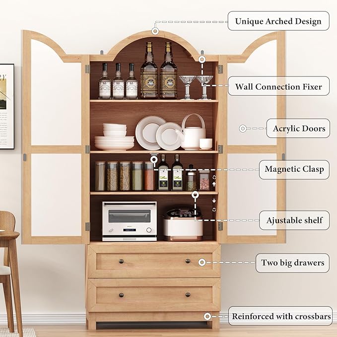 EasyCom 71 Tall Arched Pantry Cabinet, Farmhouse Wood Kitchen Cabinet with 2 Large Drawers, 4-Tier Storage Cabinet with Adjustable Shelf & Magnetic Clasp Doors for Living Room, Dining Room, Natrual