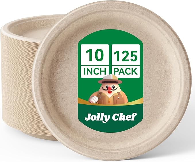 JOLLY CHEF Compostable Heavy Duty Plates ?윮?윭 ?뿙?뿻?뿰?뿵 [?윮?윯?윶 ?뿣?뿮?뿰?뿸] Eco-Friendly Disposable Paper Plates Natural Bagasse Biodegradable Sugarcane Bulk for Party Hot Cold Dinner Christmas (Brown)