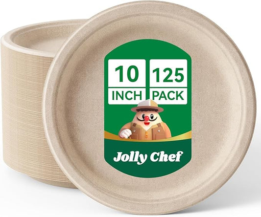 JOLLY CHEF Compostable Heavy Duty Plates ?윮?윭 ?뿙?뿻?뿰?뿵 [?윮?윯?윶 ?뿣?뿮?뿰?뿸] Eco-Friendly Disposable Paper Plates Natural Bagasse Biodegradable Sugarcane Bulk for Party Hot Cold Dinner Christmas (Brown)
