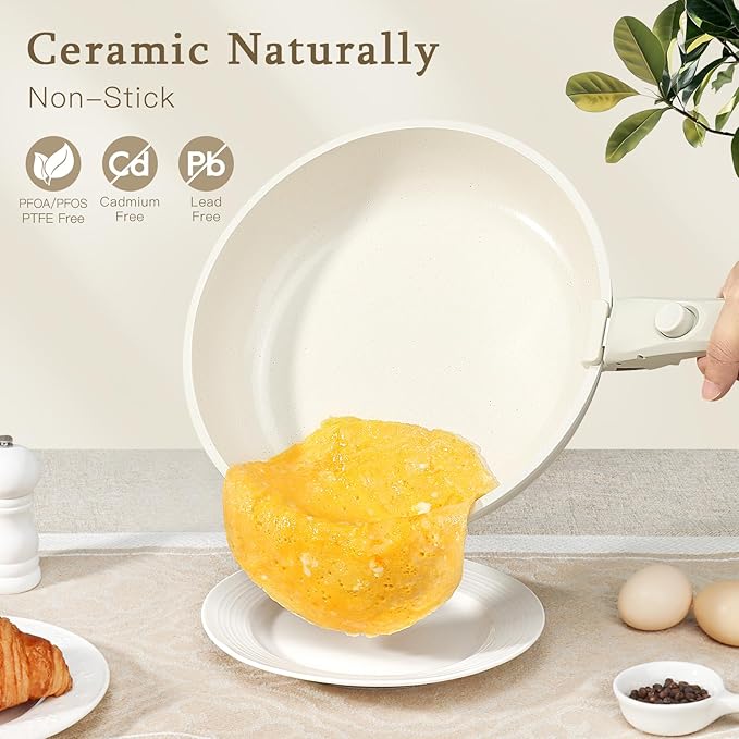 GiPP Ceramic Pots and Pans Set Non Stick, Nonstick Detachable Handle Cookware Sets, Healthy Non Toxic PFAS PFOA & PTFE Free, Dishwasher 竊냀ven Safe, Induction Kitchen Pot and Pan, 8 Piece Cream