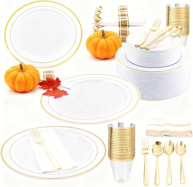 Elegant Wedding Disposable Plates Gold Dinnerware Sets for 25 or 50 Guests for Reception (175)