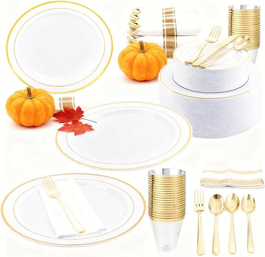 Elegant Wedding Disposable Plates Gold Dinnerware Sets for 25 or 50 Guests for Reception (175)