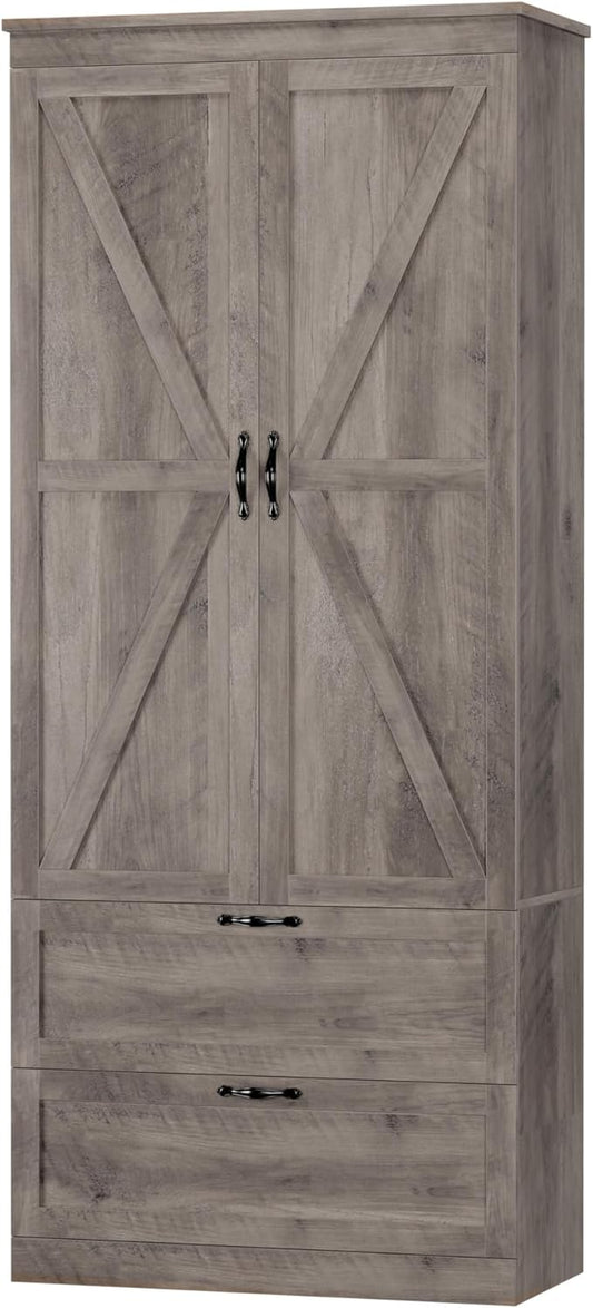 HOSTACK 70" Tall Kitchen Pantry Storage, Barn Doors Pantry Cabinet with Drawers and Adjustable Shelf, Modern Farmhouse Storage Cabinet for Kitchen, Dining Room, Living Room, Bathroom, Ash Grey