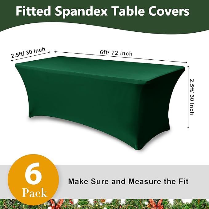 Enjoyidea Table Cover for 6 Foot Rectangle Tables-6 Pack Hunter Green Fitted Stretch Tablecloth-Spandex 6ft Christmas Tablecloth for Party, Vendor Booth Display, Banquet Buffet Event, Craft Trade Show