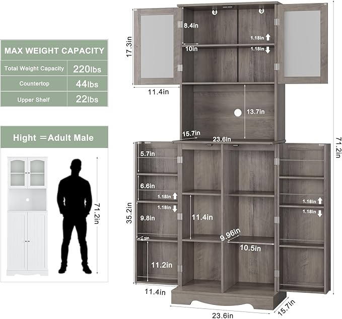HOSTACK 71'' Pantry Cabinet, Tall Storage Cabinet with Microwave Stand, Freestanding Kitchen Hutch with Doors and Adjustable Shelves, Mordern Food Pantry for Kitchen, Dining Room, Ash Grey